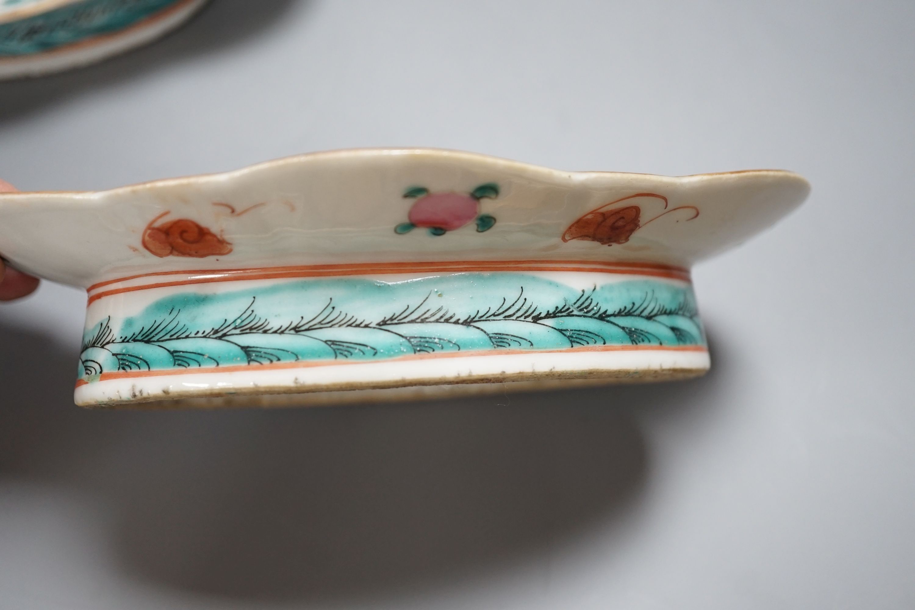 Two Chinese ceramic oval pedestal dishes, 21 cms wide.